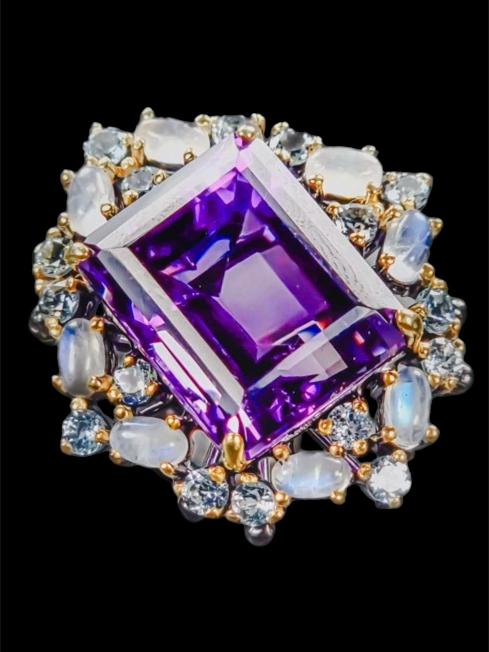 Big Majestic Genuine Amethyst & Moonstone Ring